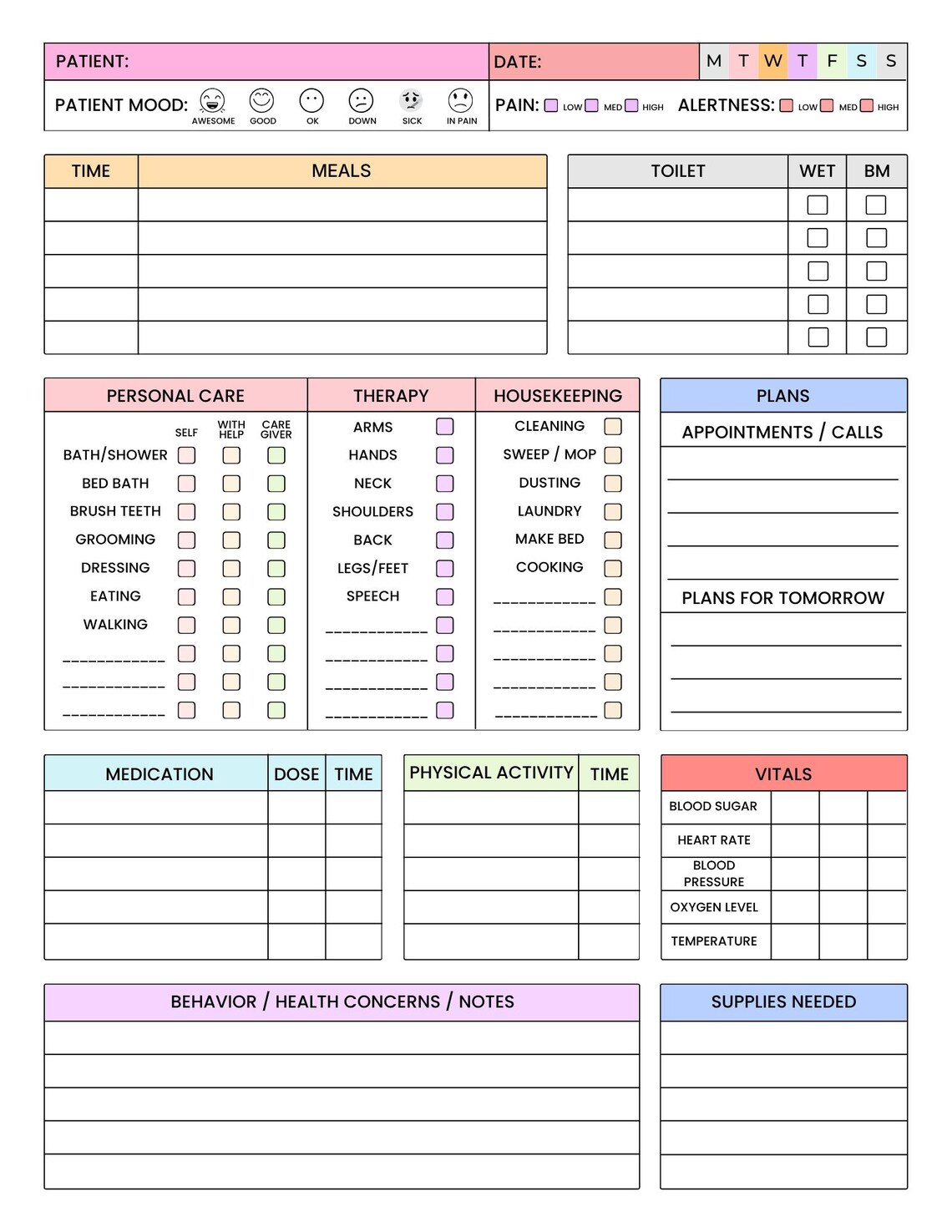 Seniors Caregiver Daily Log, Eldercare Caregiver, Care Giver Page for ...