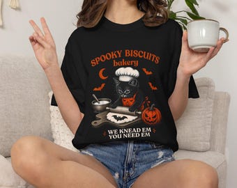 Kitty Biscuits Comfort Colors® Shirt Spooky Season Tee Black Cat Halloween Fall TShirt Vintage Baking Pumpkin T-Shirt Cat Lover Fall Gift