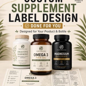 May include: A custom supplement label design template featuring three bottles labeled Digestive Harmony, Omega 3 Fish Oil, and Magnesium Glycinate. The graphic includes a flat, printed label layout with supplement facts and the FrontierFlows logo.