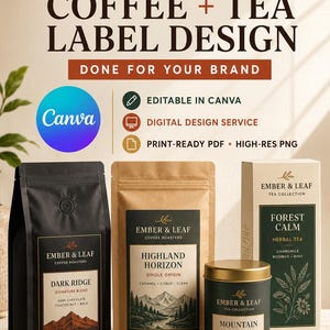 Könnte beinhalten: Ein digitaler Designservice für individuelle Kaffee- und Teeetiketten von Ember & Leaf. Das Bild zeigt eine schwarze Kaffeetüte, eine braune Kaffeetüte, eine goldene Teedose und eine rechteckige Teeschachtel mit Markenetiketten und Grafiken.