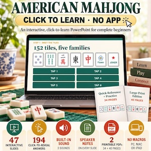 Peut inclure: Une ressource d'apprentissage numérique pour le Mahjong américain affichée sur un écran d'ordinateur portable, avec 152 tuiles, cinq familles et des diapositives interactives. Inclut deux guides PDF imprimables, 47 diapositives et du son.
