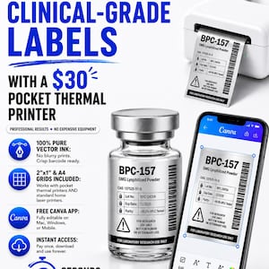 Op de afbeelding: Een zakthermische printer drukt een label af met de tekst "BPC-157 5MG Lyophilized Powder". Een smartphone toont hetzelfde label. Een fles BPC-157 is ook afgebeeld. De afbeelding bevat de tekst "Print Clinical-Grade Labels".