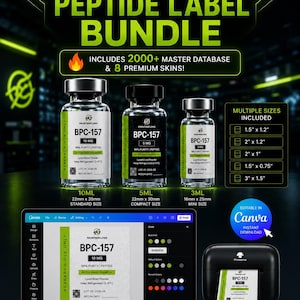 Op de afbeelding: Advertentie voor de Ultimate Peptide Label Bundle, met flesjes BPC-157, een laptop met een labelontwerp en een printer. De bundel bevat een masterdatabase, premium skins en verschillende labelformaten. De flesjes zijn 10 ml, 5 ml en 3 ml.