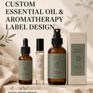 May include: A collection of amber glass bottles and a cardboard box featuring sage green labels with the text Still Grove. The items include a dropper bottle, a roller bottle, a spray bottle, and a box, all displaying botanical illustrations.