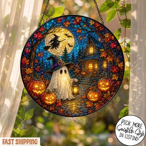 Halloween Ghost Stained Glass Suncatcher, Pumpkin Witch Window Hanging, Spooky Fall Sun Catcher, Halloween Decor Gift