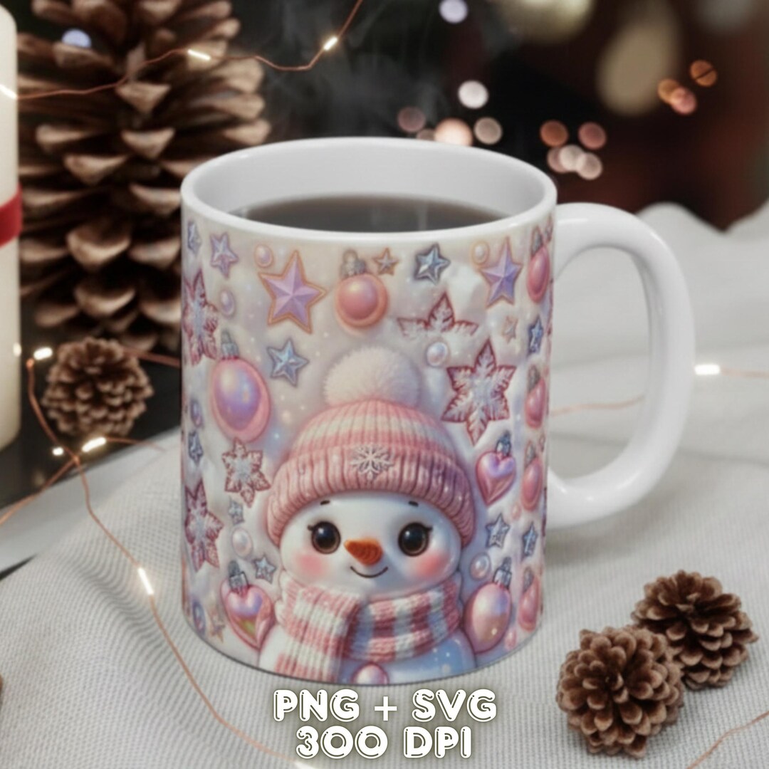3d Winter Snowman, Mug Wrap PNG, 11 Oz Design, Inflated Pink Christmas ...