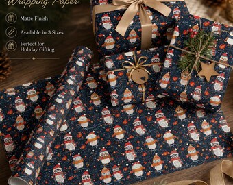 Papel de regalo navideño con búhos del bosque, papel de regalo con aves invernales festivas