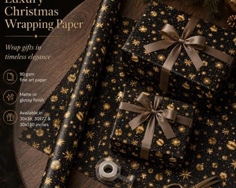 Black Gold Star Ornament Christmas Wrapping Paper, Elegant Wrap