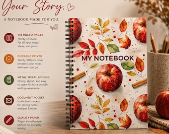 Fall Spiral Notebook with Apples & Cinnamon | Ruled Line Journal | Cozy Autumn Stationery