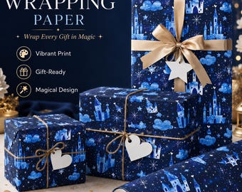 Fairytale Castle Wrapping Paper Navy Blue Princess Pattern Gift Wrap