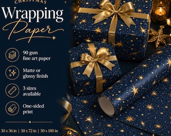 Papier cadeau de Noël bleu marine, motif étoiles dorées célestes