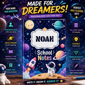 May include: A hardcover notebook with a dark blue space-themed cover featuring planets, stars, a rocket, and an astronaut on a moon surface. The center displays the name NOAH and the text School Notes. It contains 150 lined pages for writing.