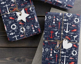 Papier cadeau thème nautique, anniversaire côtier, fête des pères, océan, rouleau