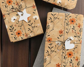 Wrapping Paper | Matte or Glossy | Rustic Floral Gift Wrap with Wildflowers on Kraft Background
