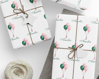 Personalized Balloon Wrapping Paper | Custom Name Gift Wrap | Pink and Green Birthday Paper