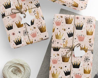 Pink Crown Wrapping Paper Matte or Glossy Princess Birthday Design