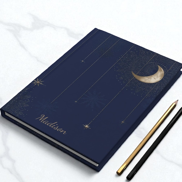 Personalized Midnight Moon Journal: Navy Blue Hardcover Notebook, Gold Crescent & Stars