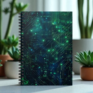 May include: Spiral-bound notebook featuring a circuit board design in shades of green and blue. The cover displays a detailed pattern of interconnected lines and dots, resembling a technological schematic. The notebook is designed for note-taking or sketching.