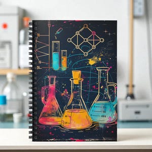 Pode incluir: Caderno espiral com uma ilustração colorida de vidraria de laboratório e diagramas químicos sobre um fundo escuro. O design inclui béqueres, tubos de ensaio e uma estrutura molecular, com salpicos de rosa, amarelo e azul.
