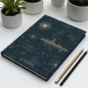 May include: A navy blue journal featuring a gold design and the name "EMMA" on the cover. Two pencils, one gold and one black, are placed beside the journal. Small potted plants are in the background.