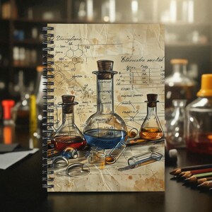 Pode incluir: Um caderno espiralado com uma ilustração retro de equipamento de laboratório e diagramas científicos. As páginas mostram esboços de béqueres, balões e fórmulas químicas, em tons de castanho, azul e vermelho. O fundo está desfocado, sugerindo um ambiente de laboratório.