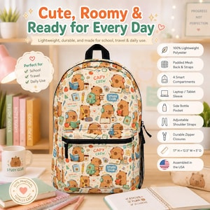 May include: A cream-colored backpack with a repeating pattern of cartoon bears reading and studying. The backpack has a black zipper, side bottle pocket, and adjustable shoulder straps. The text "Cute, Roomy & Ready for Every Day" is at the top. Dimensions are 17" H x 12.5" W x 5" D.