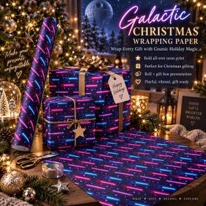 Neon Space Sword Wrapping Paper, Galaxy Sci Fi Gift Wrap, Gamer Holiday Paper