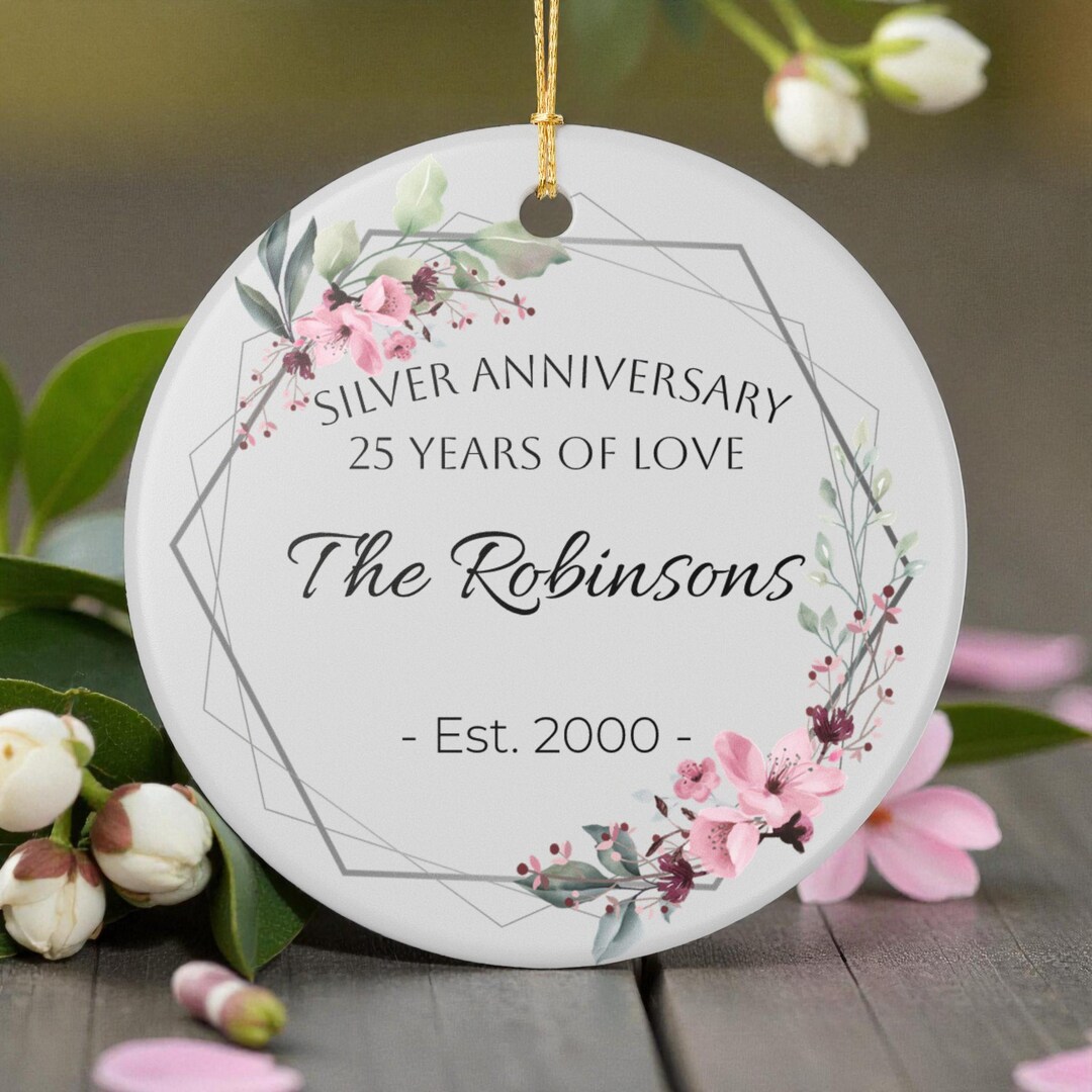 Ceramic 25th Anniversary Ornament Round 3 Inch One Sided Silver Wedding ...