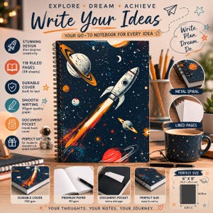 Spiral Notebook 6x8 | 118 Ruled Pages | Retro Rocket Space Gift Journal