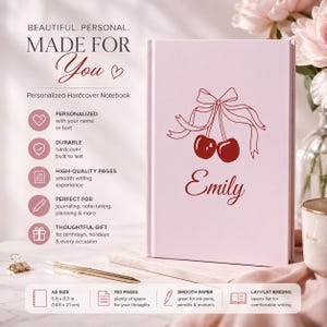 Personalisiertes Notizbuch mit Hardcover | Individuelles Kirschdesign mit Namen | 150 linierte Seiten