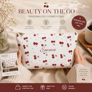 Trousse per il trucco personalizzata con ciliegia, borsa per cosmetici personalizzata con nome, cerniera da viaggio con frutti rossi