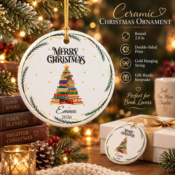Personalized Book Lover Ornament, Christmas Reader Gift, Custom Name Ceramic Keepsake