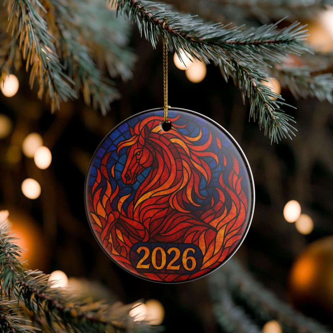 Ceramic Christmas Ornament | 2026 Year of the Fire Horse | Stained