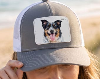 Custom Pet Portrait Leather Patch Hat, Watercolor Style Trucker Hat, Dog Mom Dad Gift