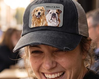 Custom 2 Pet Leather Patch Hat, Personalized Artistic Trucker Hat, Dog Mom Dad Gift