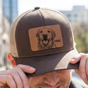 Custom Pet Portrait Trucker Hat, Personalized Leather Patch Gift for Dog Moms & Dads
