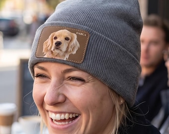 Custom Pet Portrait Beanie, Personalized Leather Patch Knit Hat, Gift for Dog Moms & Dads