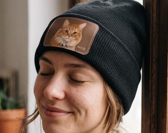 Custom Pet Portrait Beanie, Personalized Leather Patch Knit Hat, Gift for Dog Moms & Dads