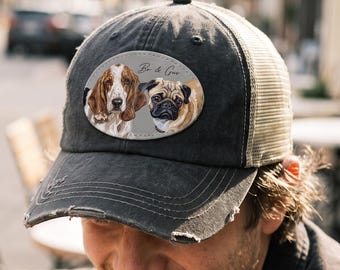 Custom Pet Portrait Trucker Hat, Personalized Multi Shape Leather Patch, Dog Mom Dad Gift