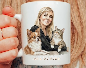 Custom Owner And Pet Portrait Mug,  Personalized Watercolor Style Gift for Dog Moms & Dads
