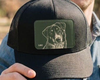 Custom Pet Portrait Trucker Hat – Personalized Leather Patch Cap for Dog Mom and Dad