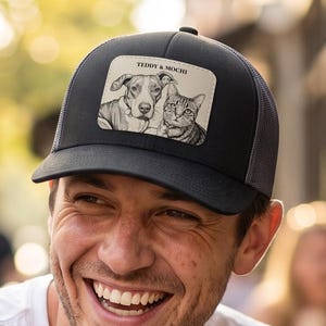 Custom 2 Pet Leather Patch Hat, Personalized Dog Mom Trucker Cap, Cat Dad Gift