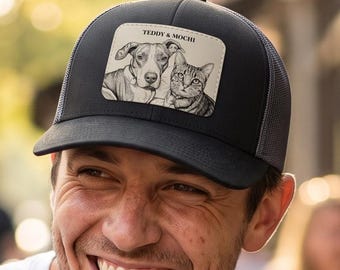 Custom 2 Pet Leather Patch Hat, Personalized Dog Mom Trucker Cap, Cat Dad Gift