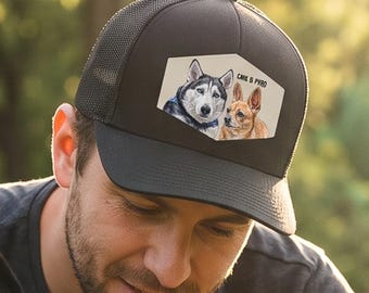 Custom Pet Portrait Trucker Hat, Personalized Hexagon Leather Patch, Dog Mom Dad Gift