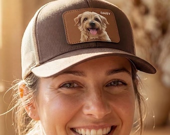 Custom Pet Portrait Trucker Hat: Personalized Leather Patch Cap, Gift for Dog Moms & Dads