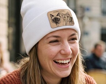 Custom Pet Portrait Beanie, Personalized Leather Patch Hat for Dog Moms & Dads