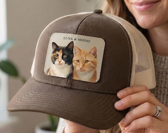 Custom Cat Portrait Leather Patch Hat, Personalized Cat Mom & Dad Gift