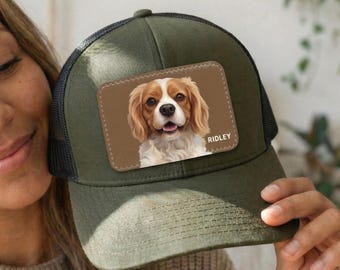 Unique Dog Mom Gift, Custom Pet Portrait Leather Patch Hat, Personalized Pet Memorial Keepsake