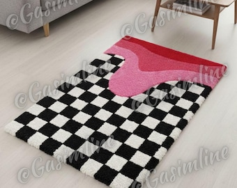 Alfombra de ondas a cuadros tejida a mano, alfombra estilo Pop Art Y2K, decoración de habitaciones de acrílico hecha a mano