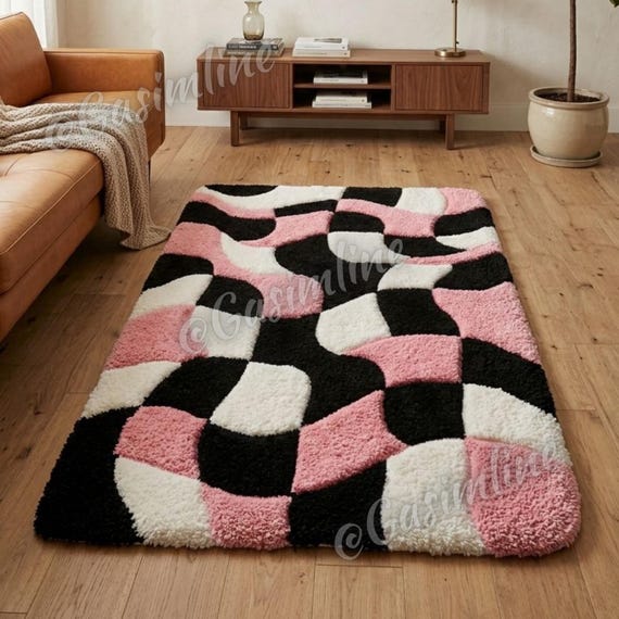 Handmade Tufted Wavy Checkerboard Rug, Pink & Black Liquid Check Carpet, Abstract Rug